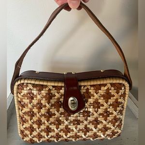 Vintage Wicker Woven & Leather Purse Made in Hong Kong. 1960s Mid Century Style